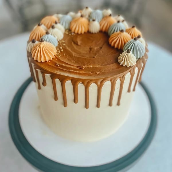 White cake with caramel drip, topped with chocolate frosting and colorful meringue dollops.
