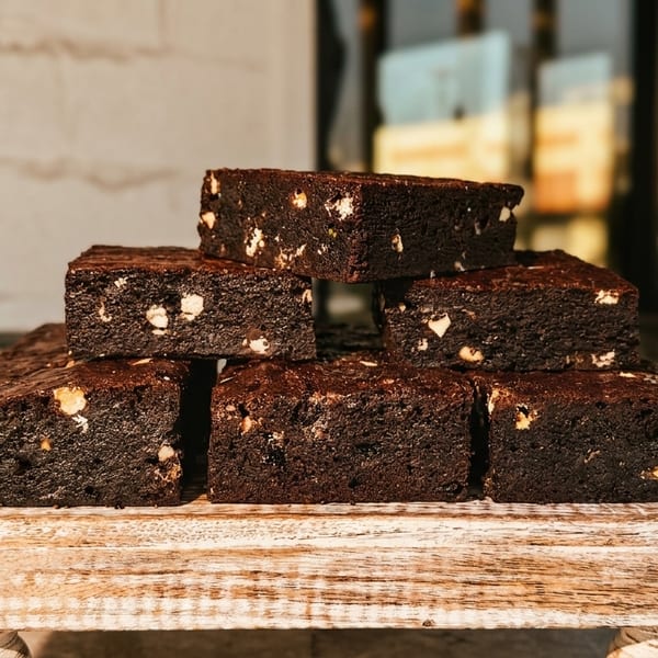A stack of rich chocolate brownies with white chocolate chips on a rustic wooden stand.