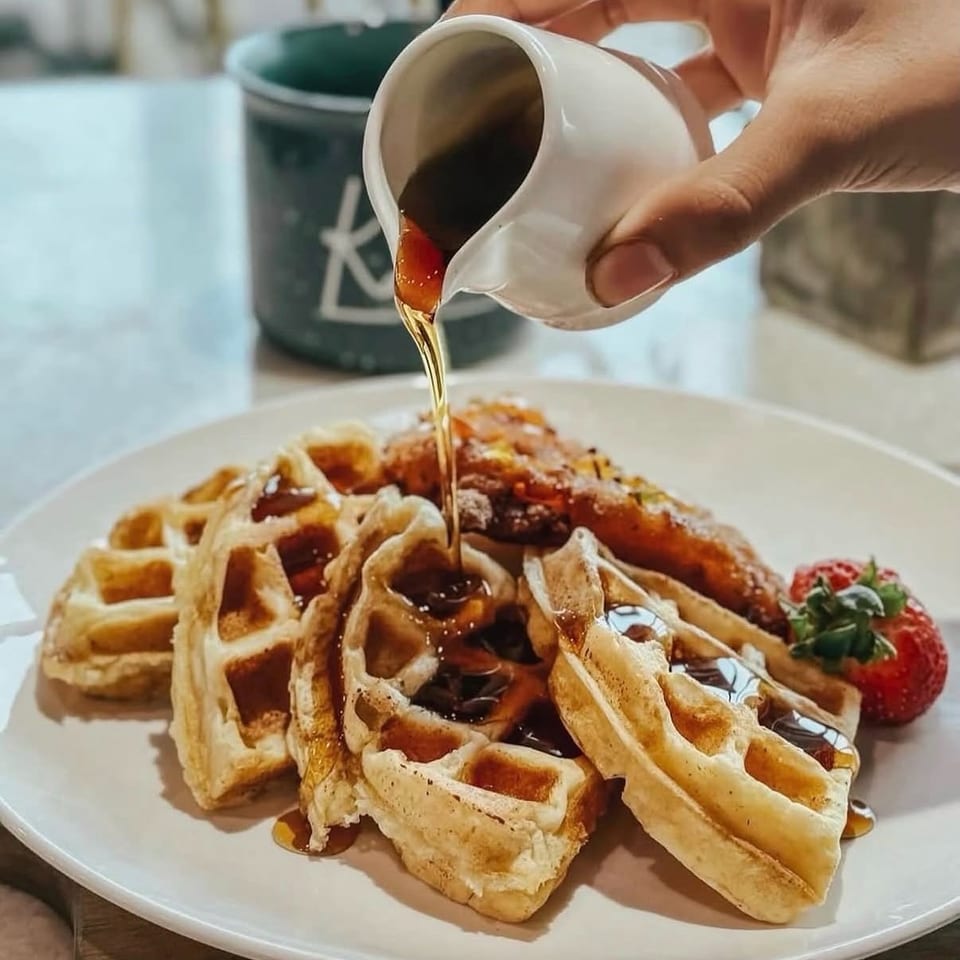 A hand pours maple syrup over waffles and fried chicken, with a strawberry on a white plate.